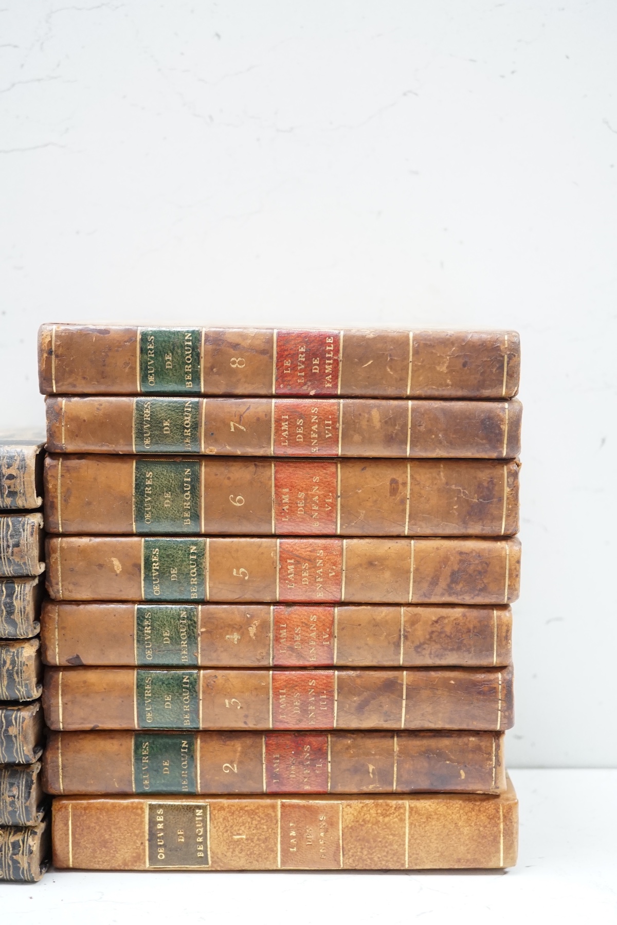 Smollett, Tobias - The Miscellaneous Works. 12 vols. contemp. half calf and marbled boards, sm.8vo. 1824; Berguin - Oeuvres Completes. nouvelle edition, 8 vols. engraved plates. contemp. half calf and marbled boards, red